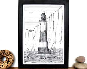 Lighthouse Print: Beachy Head Lighthouse, Signed A4 Print - Hand Illustrated