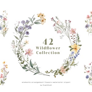 Flower frame, Flower wreath, Watercolor Floral Clipart, Minimalist, Elegant Blooms, Botanical Wild Flowers Clipart, Flowers Arrangements