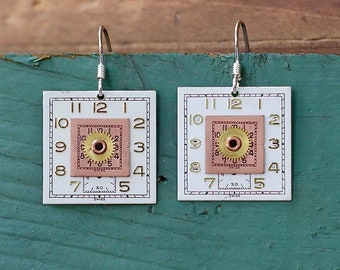 Vintage Watch Face Earrings, Steampunk Found Object Jewelry, Mixed-Metal Eco-Friendly Upcycled Hand Crafted Wearable Art