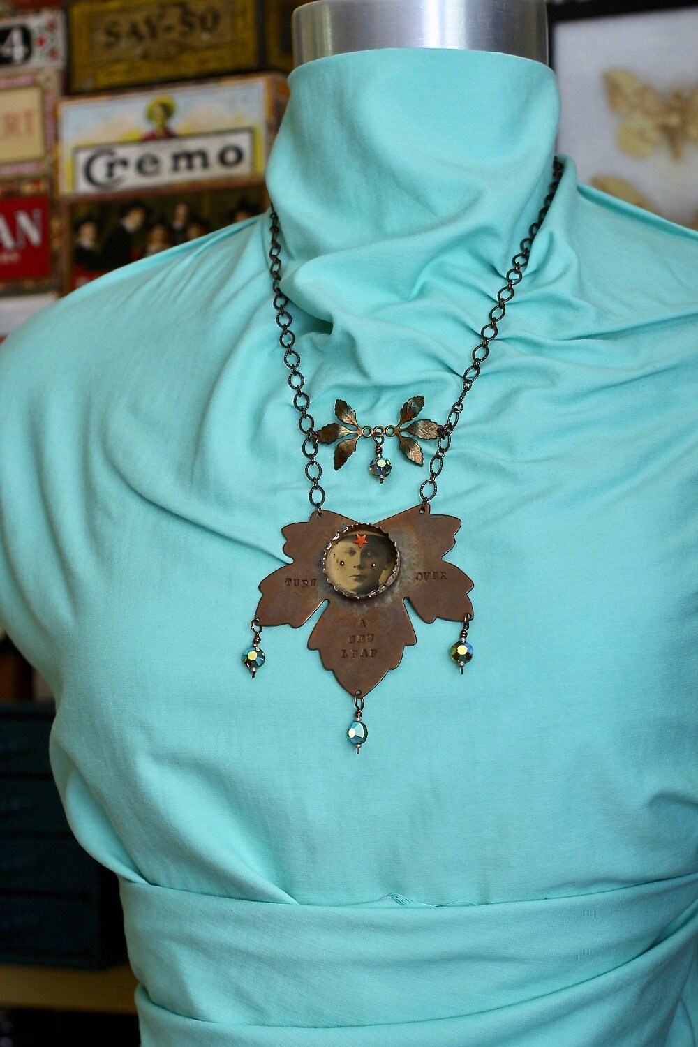 Leaf Necklace, Hand Crafted Altered Art Necklace, Steampunk Found