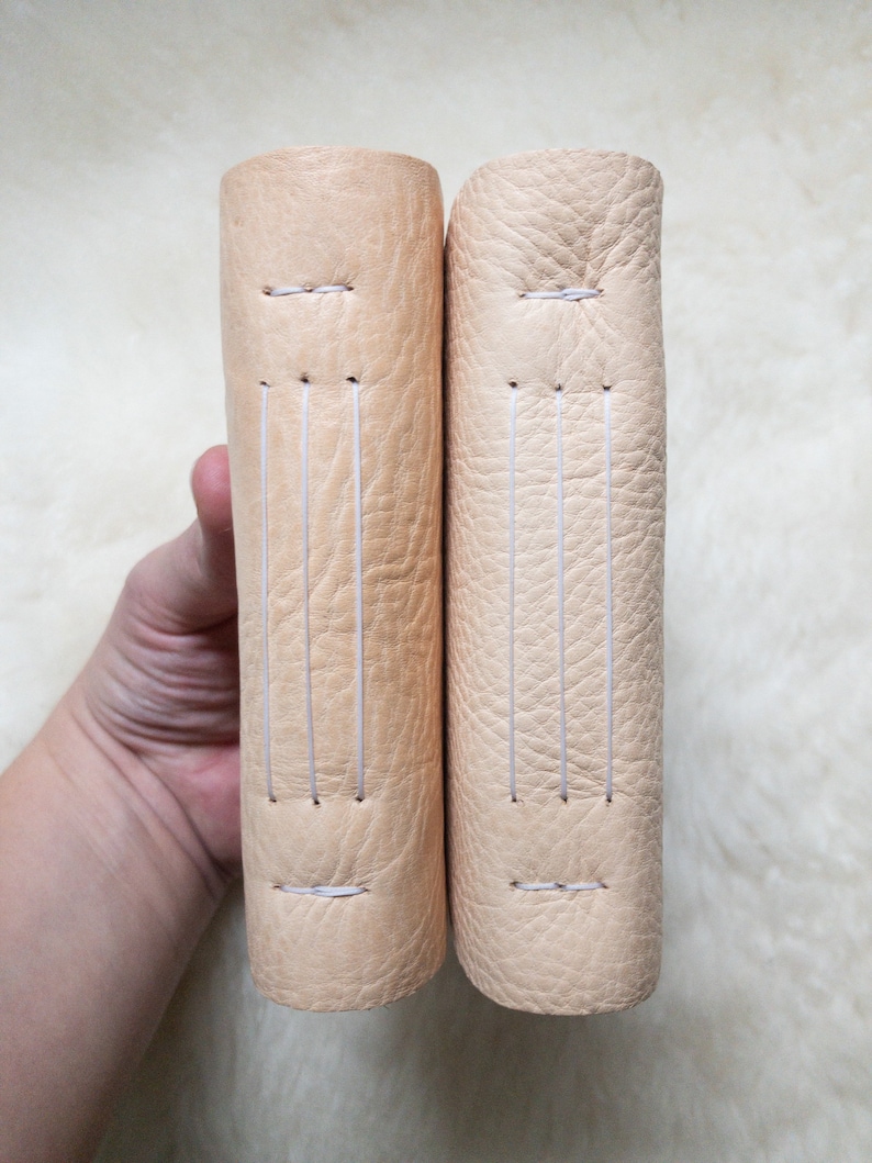 May include: Two beige leather-bound journals with visible stitching along the spine. The journals are held upright, showcasing their textured covers and the detail of the stitching. The color is a light, natural beige.