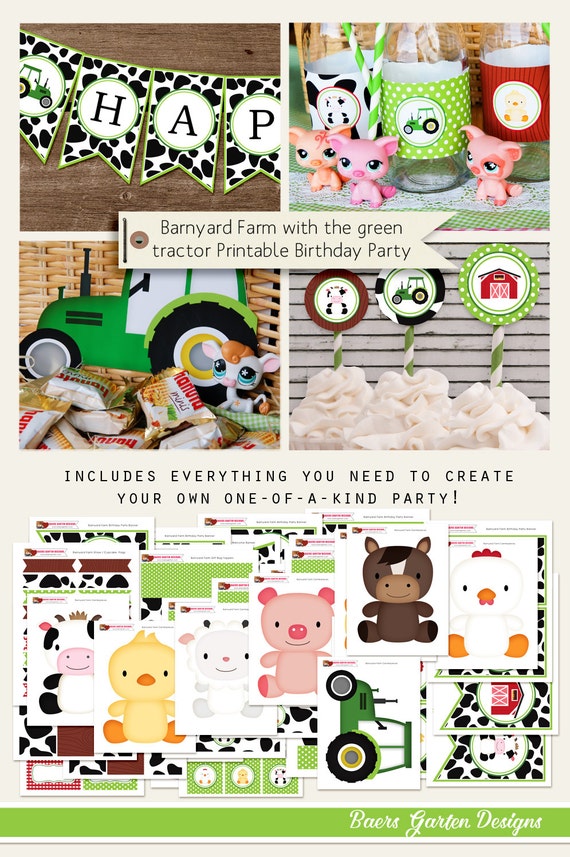 Green Tractor Barnyard Farm Printable Birthday Party Decorations INSTANT DOWNLOAD Il_570xn