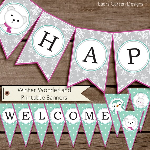 Happy Birthday and Welcome Banners "Winter Wonderland" INSTANT DOWNLOAD Il_570xn