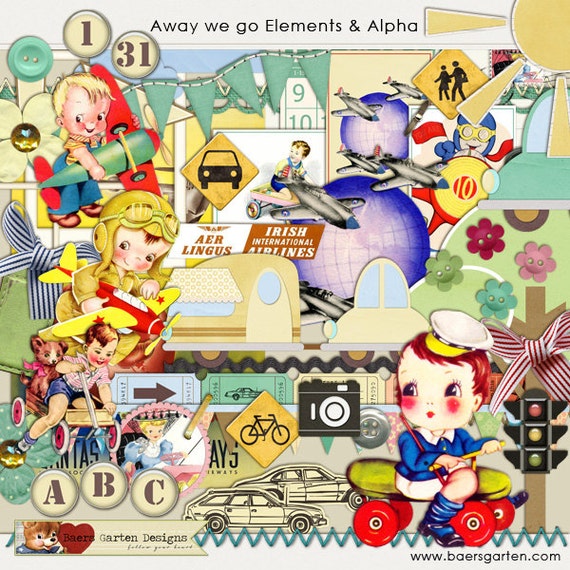Digital Scrapbooking Elements Pack Away we go - Travel - Vacation - Road Trip INSTANT DOWNLOAD Il_570xn