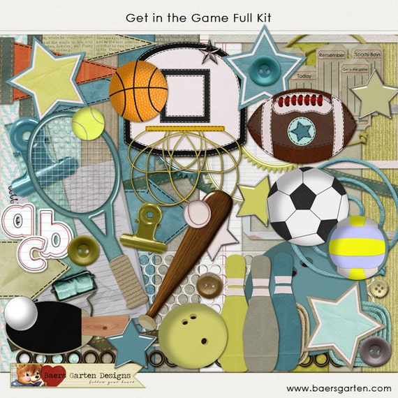 Digital Scrapbooking Kit "Get in the Game" INSTANT DOWNLOAD Sports - Soccer - Football - Basketball - Ball - Tennis Il_570xn