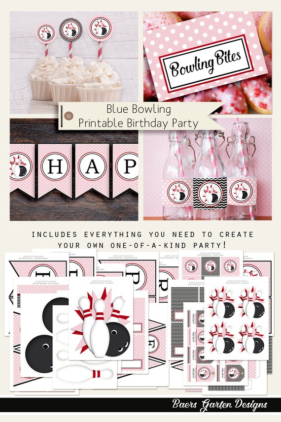 Bowling Pink Printable Birthday Decorations INSTANT DOWNLOAD Il_570xn
