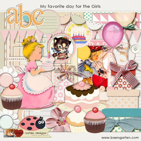 My favorite Day - Girls Digital scrapbooking kit - Happy Birthday - Baby - Girl INSTANT DOWNLOAD Il_570xn