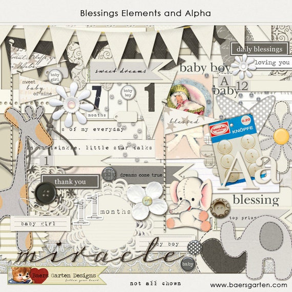 Digital Scrapbooking Elements and Alpha Pack Blessings INSTANT DOWNLOAD Il_570xn