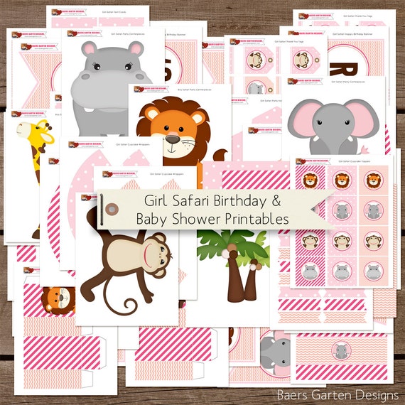 Girl Safari Birthday and Baby Shower Printable Party Decorations INSTANT DOWNLOAD Il_570xn