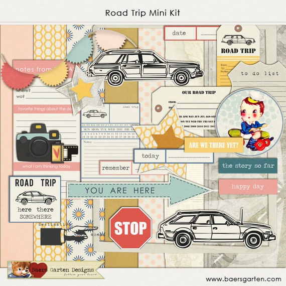 INSTANT DOWNLOAD - Digital Scrapbooking Mini Kit "Road Trip" - travel - vacation - car - travel album Il_570xn
