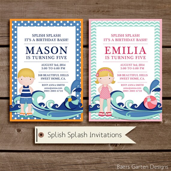 Splish Splash Printable Invitation - Personalization - Custom - birthday printable - Hair and skin color options Il_570xn
