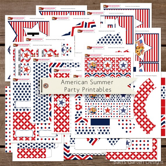 Printable Birthday Party Collection "American Summer" INSTANT DOWNLOAD Red white and blue - July 4th - Stars and stripes Il_570xn