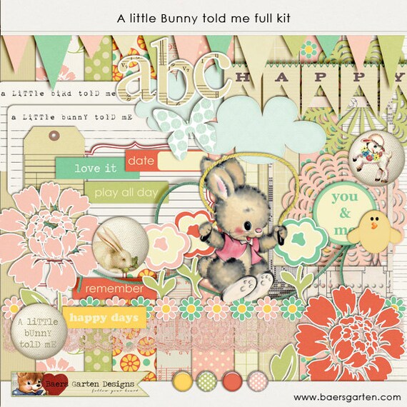 Digital Scrapbooking Kit "A little bunny told me" - Easter - Spring - Vintage - Pastel Colors INSTANT DOWNLOAD Il_570xn