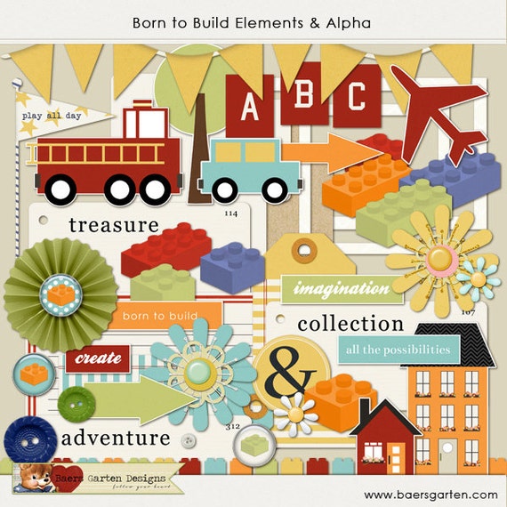 INSTANT DOWNLOAD Digital Scrapbooking Kit "Born to Build" - Contruction Blocks - Primary Colors - Building Blocks Il_570xn