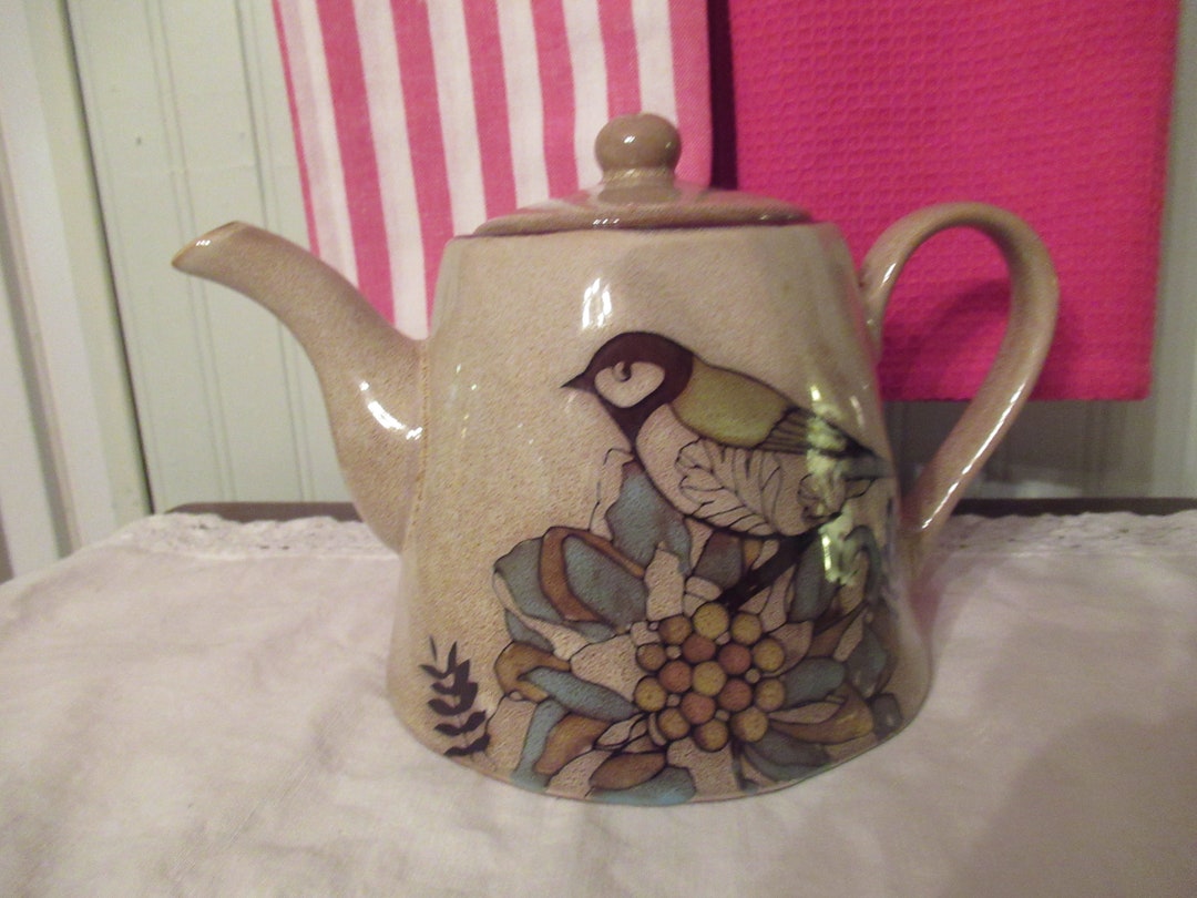 Sandcolored Ceramic Teapot With Vintage Bird Etsy Canada
