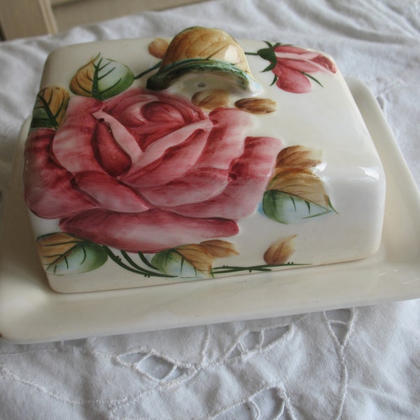 ESD Hand painted butter dish Japan.Pink floral pattern.No 7231