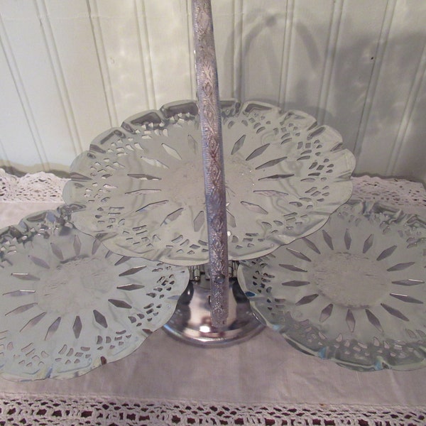 3 Tier Chrome Plated Folding Cake Dish Vintage 1970 Cupcake Display