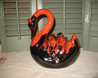 Red and black ceramic planter swan. Vase.
