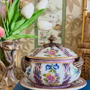 Caja vintage United Wilson, porcelana JUWC, tarro chinoiserie, juego de platos antiguos, juego de tocador de ormolu