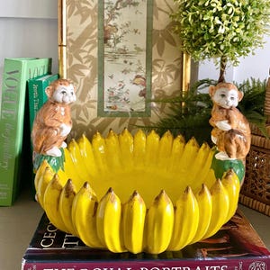 ヴィンテージの大型マジョリカモンキーボウル、ヴィンテージの花瓶、バーカートの装飾、シノワズリモンキー、ヴィンテージ陶器、マキシマリスト、MCM、グランドミレニアル