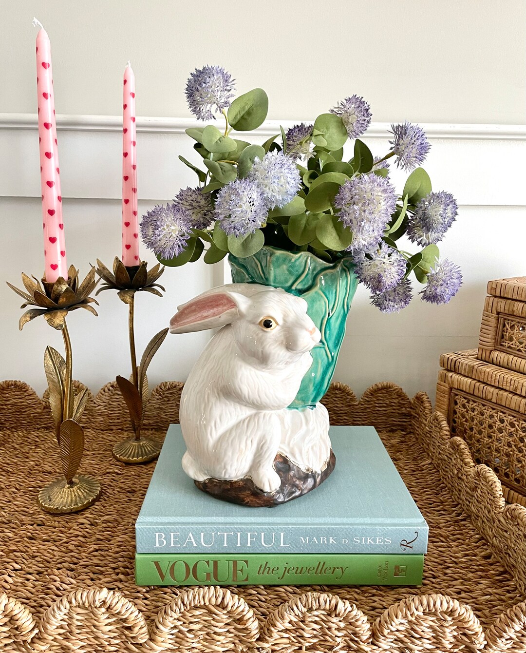 Vintage Majolica Rabbit Vase, Vintage Bunny Vase, Majolica Planter