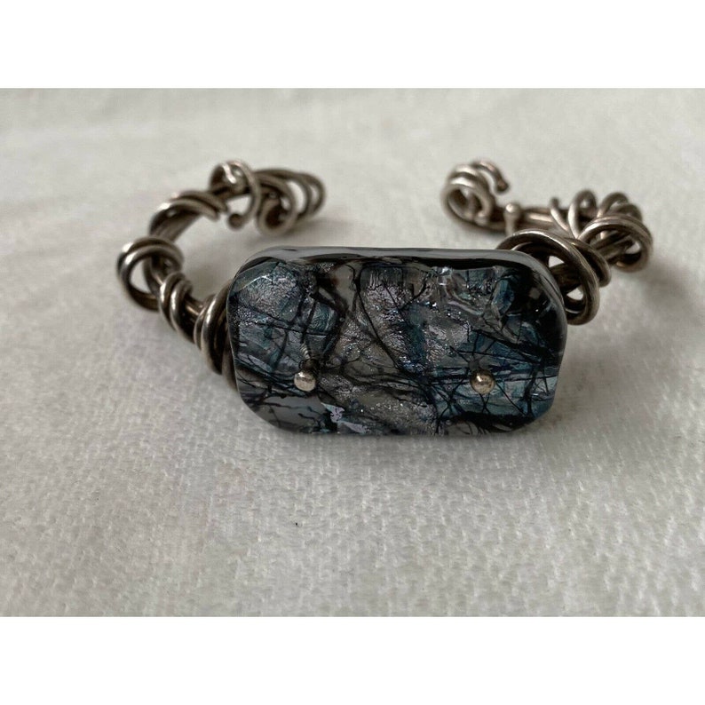 Sterling Silver Wrapped Murano Statement Glass Cuff Bracelet 55 Grams