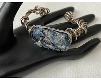 Sterling Silver Wrapped Murano Statement Glass Cuff Bracelet 55 Grams