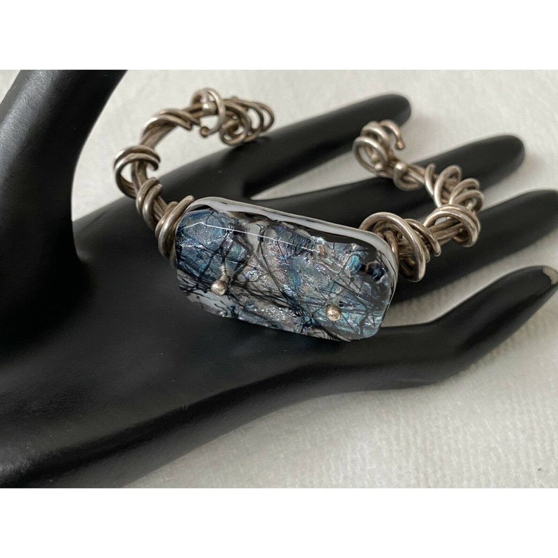 Sterling Silver Wrapped Murano Statement Glass Cuff Bracelet 55 Grams