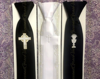 White First Communion Tie with Cross or Chalice, Navy Blue First Communion Tie with Cross or Chalice