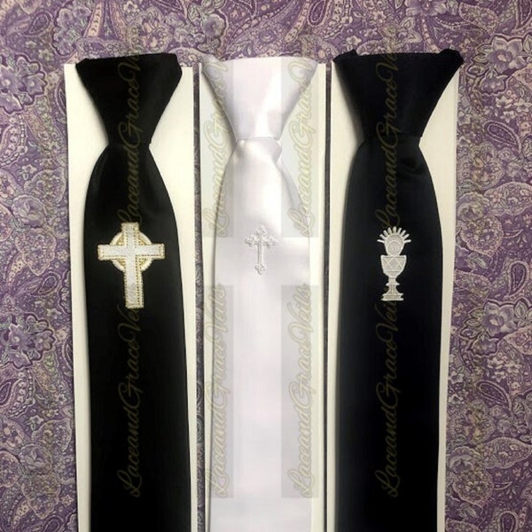 First Communion Tie with Cross or Chalice in White, Navy Blue or Black