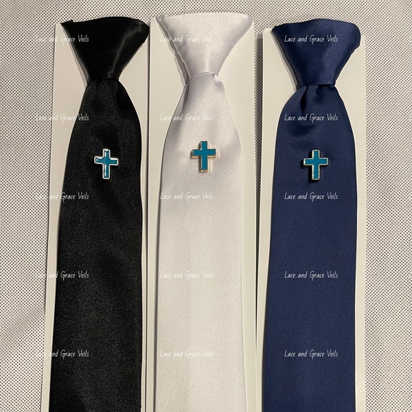 First Communion Tie White, Black or Navy Blue with Blue Enamel Cross Charm