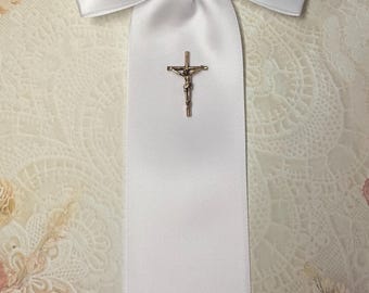 First Communion Arm Band with Goldtone or Silvertone  Cross Charm