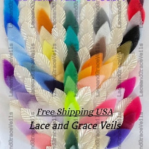 May include: A variety of 108 inch illusion tulle fabric swatches in 60 different colors. The swatches are arranged in a fan shape with the text "Free Shipping USA Lace and Grace Veils" at the bottom.