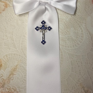 First Communion Arm Band with Blue/Silver Cross Charm