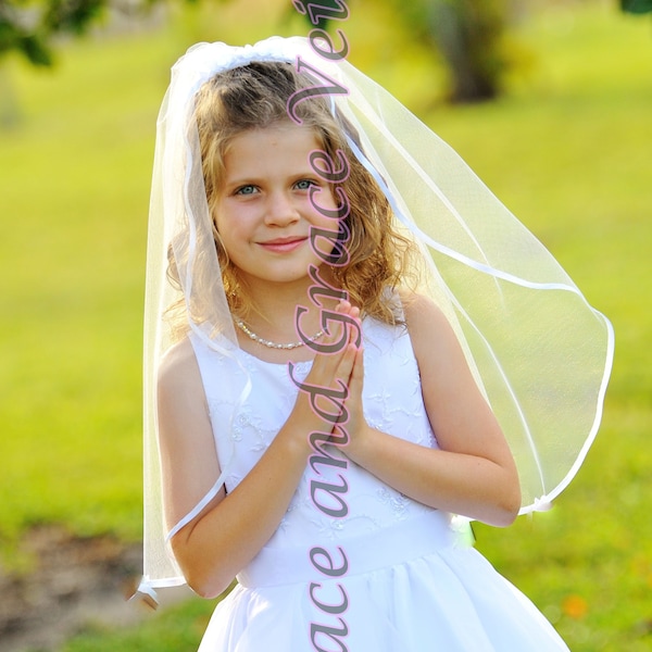 First Communion Veil White Single Layer 15 trims, 3 lengths