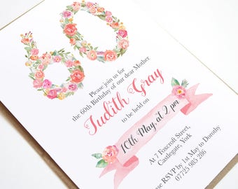 Floral Number Invitation, Birthday Party Invitations, Birthday Invitation, 60th Birthday, 30th Birthday, 40th Birthday, Invitations, Invites