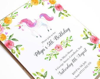 Unicorn Invitation, Unicorn Birthday Invitation, Girls Birthday Party Invitation, Watercolour Flowers, Pink Birthday Invite