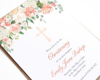 Floral Baptism Invitation, Christening Invite, Confirmation, Boho, Watercolor Floral, Peach Roses