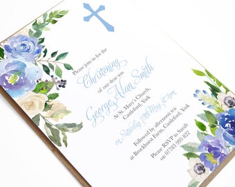 Blue Floral Baptism Invitation, Christening Invite, Confirmation, Boho, Watercolor Flowers, Baby Boy, Blue Christening