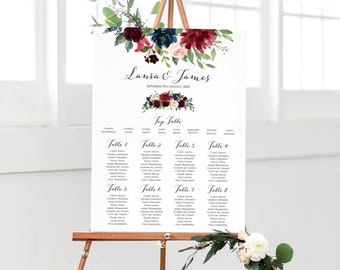 Burgundy Navy Floral Table Plan, Personalised Wedding Seating Chart, Seating Arrangements, Burgundy Wedding, A2 Printed or PDF File