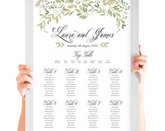 Botanical Green Foliage Table Plan, Personalised Wedding Seating Chart, Seating Arrangements, Olive Italian A2 Size