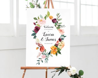 Paprika Welcome Sign, Wedding Welcome Sign, Burgundy Wedding, Marsala, Autumn Wedding, Floral Welcome Sign, Welcome Poster, Printed