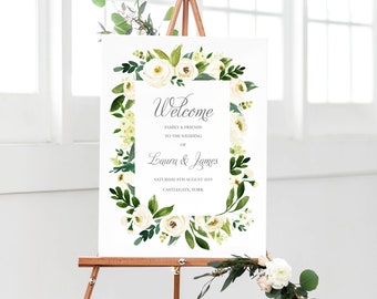 White Floral Welcome Sign, Wedding Welcome Sign, White Wedding, Botanical, White Peony, Welcome Sign, Welcome Poster, Printed