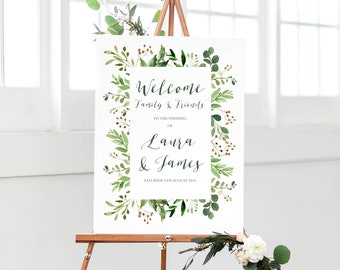 Greenery Welcome Sign, Wedding Welcome Sign, Green Leaf, Botanical, Welcome Sign, Welcome Poster, Printed