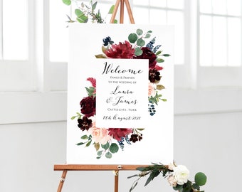 Burgundy Navy Welcome Sign, Wedding Welcome Sign, Burgundy Wedding, Navy Wedding, Floral Welcome Sign, Welcome Poster, Printed