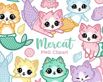 Kawaii Mercat Clipart, Pastel Cat Mermaid Illustrations (PNG)