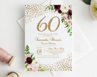 60th Birthday Invitation, Floral Burgundy Birthday Invite, Burgundy and Blush, Faux Glitter, Burgundy and Gold Invitation, 60th Birthday