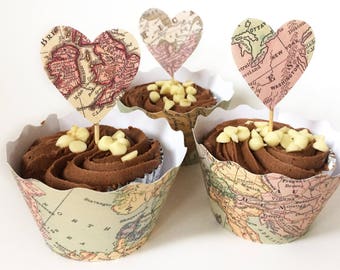 Vintage Map Cupcake wrappers & Cake Toppers - Wedding Map, Map Cupcakes, Travel Wedding, Adventure, Instant Printable Download PDF Files