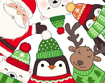 かわいいクリスマスキャラクターのクリップアートセット（デジタルダウンロード）