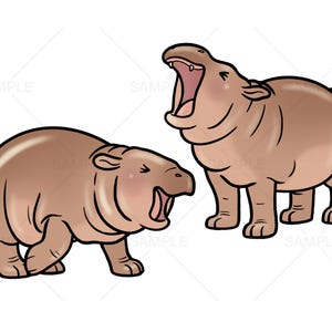 May include: Two cartoon hippos with open mouths, one brown and one light brown, are shown against a white background.